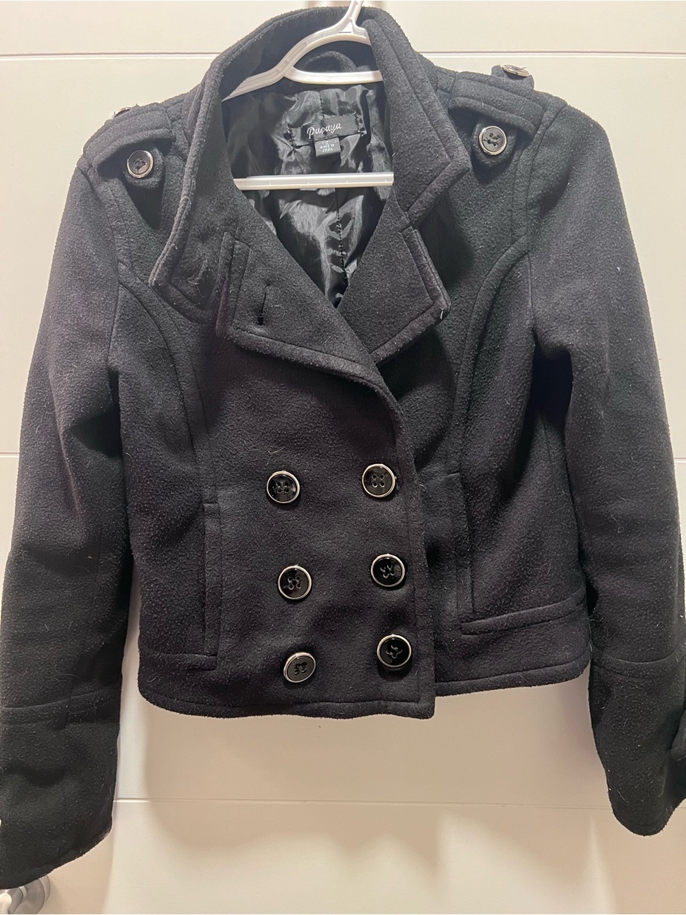 Papaya Black Double-Breasted Wool-Blend Peacoat